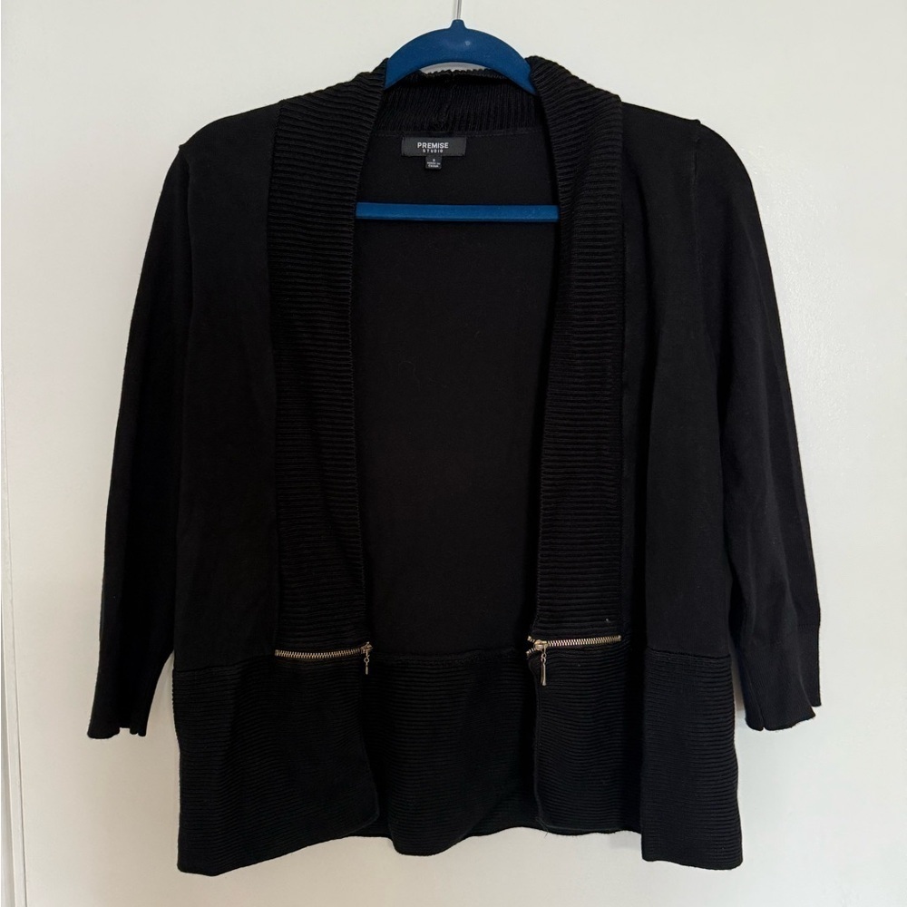 Black Open Front Cardigan with Zipper Accents